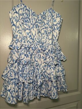 Olivaceous White Mini Dress with Blue Floral Print